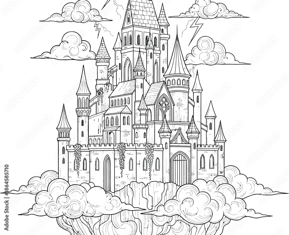 Naklejka premium Majestic fantasy castle perched high above the clouds in a dramatic scene perfect for coloring activities