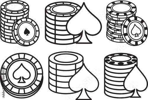 Set of Stack of Casino Chips with Spade Line Art Coloring Book Page Outline Vector Illustration