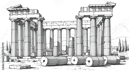 Ancient Greek temple ruins with stone columns sketch