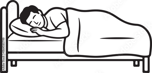 Man Sleeping on Bed Line Art Coloring Book Page Outline Vector Illustration