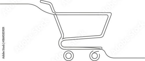 Minimalist continuous line art drawing illustrating a simple shopping cart icon representing commerce and retail services