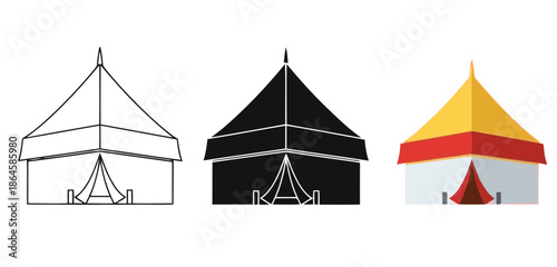 Tent Illustrations Vector Set in Three Styles — Line Art, Silhouette and Color Version for Islamic Design, App UI, Posters and Branding
