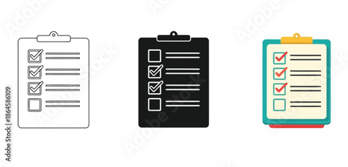 Clipboard Checklists Design Vector Set in Three Styles — Line Art, Silhouette and Color Version for Islamic Design, App UI, Posters and Branding