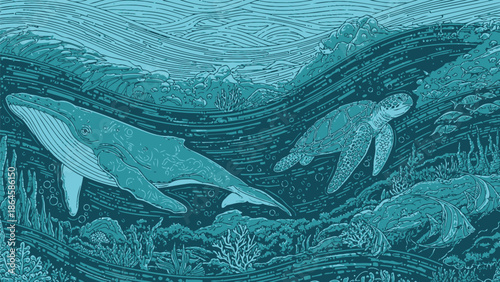 Stylized illustration depicts a majestic blue whale and a sea turtle swimming gracefully through deep ocean currents alongside vibrant marine flora