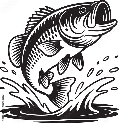 Large Bass Fish Leaping Out of Water Silhouette Vector Illustration