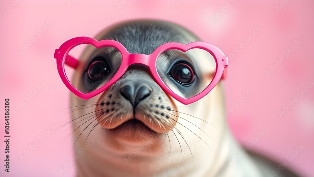 Fototapeta premium a seal wearing heart shape glasses in a pink valentine's day color background