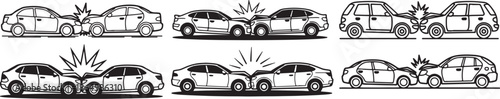 Set of Two Cars Colliding in Road Accident Line Art Coloring Book Page Outline Vector Illustration
