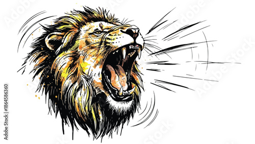 Artistic colorful lion head roar with mane flame