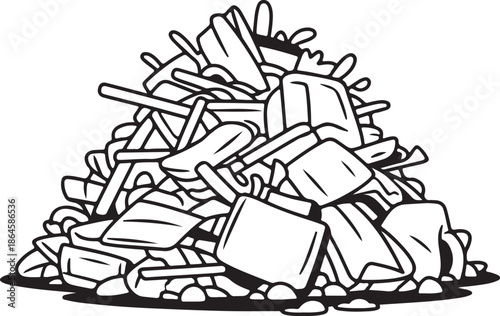 Large Pile of Debris and Trash Line Art Coloring Book Page Outline Vector Illustration