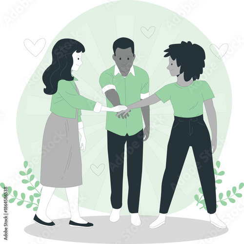 Three people shaking hands in a friendly meeting surrounded by love and greenery