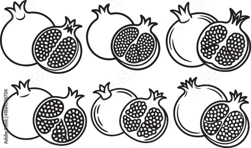 Set of Pomegranate Fruit with Cut Line Art Coloring Book Page Outline Vector Illustration