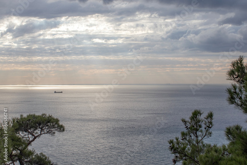 A horizontal seascape from a hillside.Moody Seascape Before a Storm with Calm Sea and Ship Silhouette on the Horizon Under an Overcast Sky