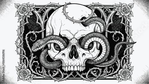 Ornate skull sketch with symmetrical leaf patterns