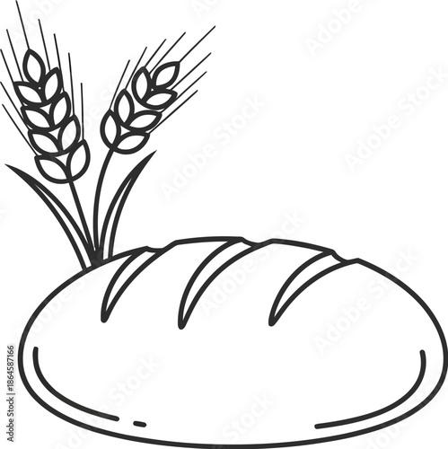 Simple black and white line art icon depicting a freshly baked loaf of bread paired with two stalks of ripe wheat grain.