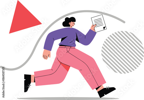 Active businesswoman running fast carrying document paper for deadline success, professional female employee rushing with corporate report file flat vector illustration