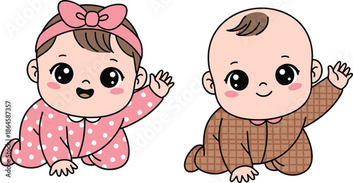 baby, crawling, cartoon, cute, infant, toddler, childcare, parenting, happy, smiling, waving, pink, brown, onesie, bow, checkered, playful, adorable, expression, illustration