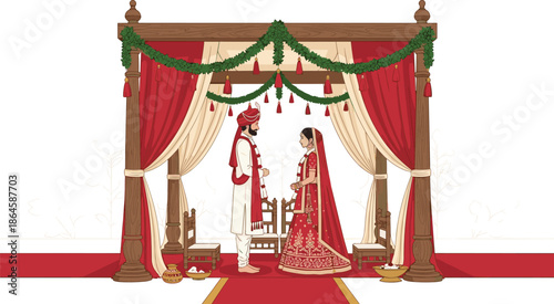 Indian wedding ceremony, bride groom mandap, Hindu rituals, traditional attire, flower garlands, cultural celebration, sacred vows, festive decor, cad drawing flat vector illustration
