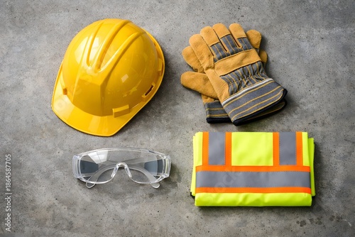 Safety equipment laid out on a concrete surface for construction site preparation