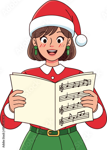 Cheerful girl in Santa hat singing Christmas carols with music sheet, festive holiday illustration for celebrations, winter events, seasonal decorations and artwork
