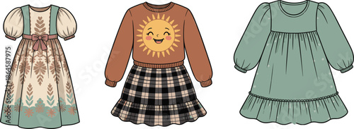 Charming kidswear fashion sketch, floral puff sleeve dress, plaid skirt set, cartoon sweatshirt, vector CAD drawing, stylish children template