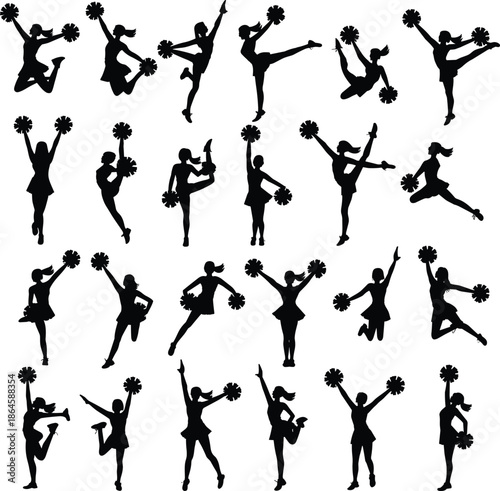 Cheerleader silhouettes set, pom‑pom poses, jumping, kicking, dancing, energetic routines, sports spirit, team performance, vector illustration, design element
