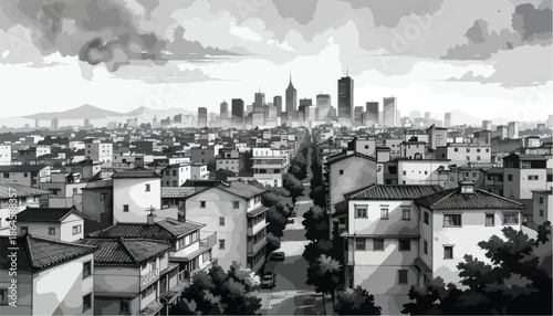 Wide angle sketch of a modern city residential area