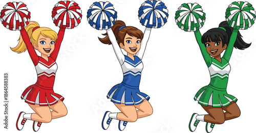 Cheerleaders jumping with colorful pom poms in red, blue, and green uniforms, energetic sports illustration for teamwork, school spirit, athletic cheer themes
