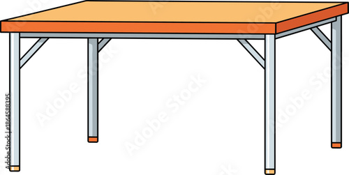 Simple wooden rectangular table with orange top and sturdy gray metal legs isolated on white background, flat vector illustration for furniture