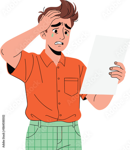 Stressed young man crying and feeling anxious while reading an important document or bad news paper report flat vector character illustration