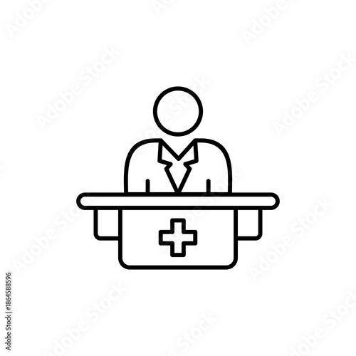 Medical professional giving a speech at a conference with a podium featuring a cross, ideal for medical or religiousthemed designs.