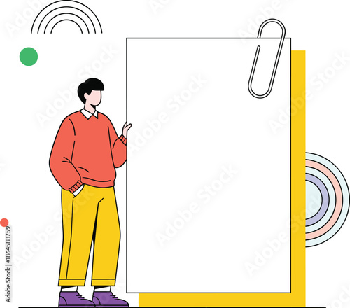 Young man standing next to large blank paper note with paperclip for message, professional businessman presenting corporate empty space announcement vector illustration