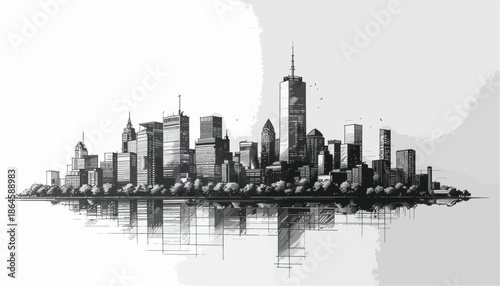 Detailed architectural sketch of dense city skyscrapers