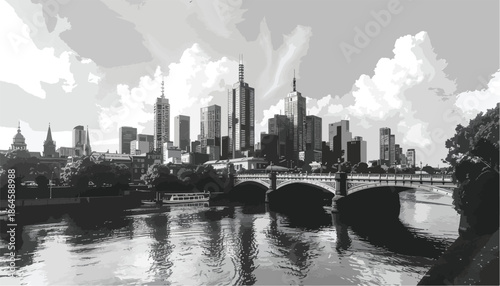 Hand-drawn sketch of city skyline with river bridge