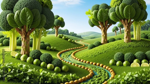 Whimsical illustration of a winding vegetable-lined path through a lush green landscape with trees and bushes under a blue sky with white clouds.