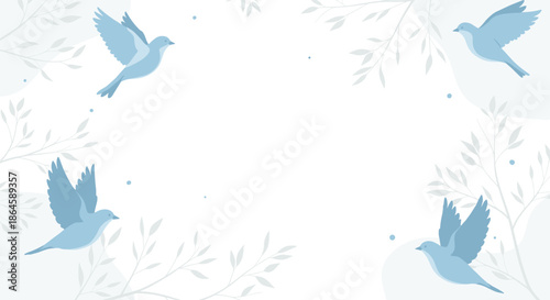 A serene and gentle background with four blue birds flying among soft, leafy branches, creating a peaceful and airy frame.