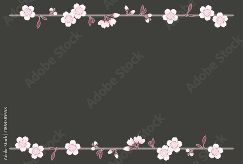 幻想的な夜桜のフレーム背景 暗色背景に咲く桜の花と枝 上下装飾で余白たっぷりの和風春デザイン｜夜桜,桜,花,背景