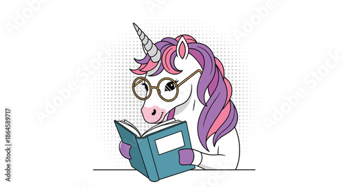 A smart and funny cartoon unicorn with glasses and colorful hair is intently reading a book, in a pop art comic style.