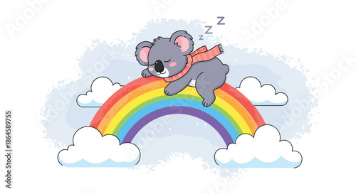 An adorable cartoon koala wearing a scarf is sleeping peacefully on a colorful rainbow that is resting on fluffy white clouds.