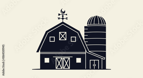 Classic American barn and silo silhouette icon in a dark monochrome style, perfect for farm and agriculture-themed logos.