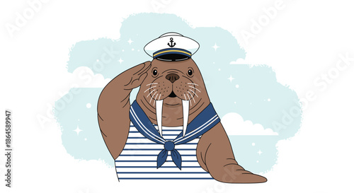 Charming cartoon walrus dressed as a sailor with a captain's hat and striped shirt, giving a friendly salute illustration.