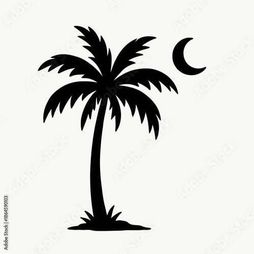 Simple silhouette vector illustration of a palm tree and moon in clean style