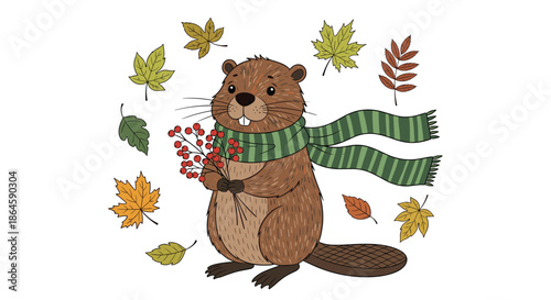 Friendly brown beaver character wearing a green scarf and holding a bunch of red berries surrounded by falling leaves.