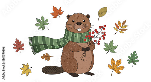 Adorable beaver character wearing a green striped scarf and holding red rowan berries among falling autumn leaves.