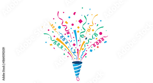 Vibrant celebration party popper exploding with colorful confetti and long curly streamers on a plain white background.