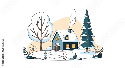 Peaceful winter scene featuring a small blue house in a snowy landscape with colorful trees and a winding path.