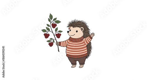 Friendly hedgehog character wearing a striped orange sweater and holding a green branch with clusters of red berries.