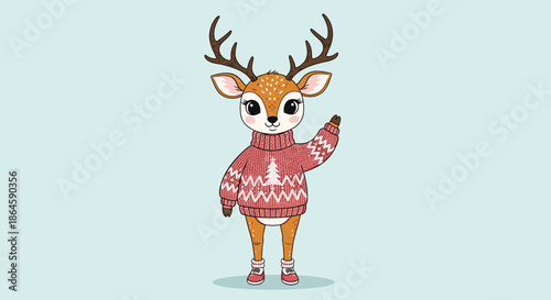 Adorable deer character with large antlers wearing a red Christmas sweater and boots on a light blue background.