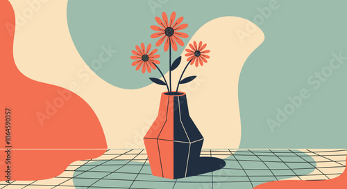 Mid-century modern illustration of three orange flowers in a dual-toned vase on a tiled surface with abstract shapes.