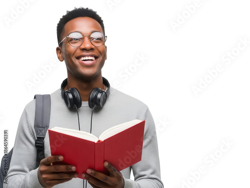 Young Man Reading Book with Headphones and Backpack.