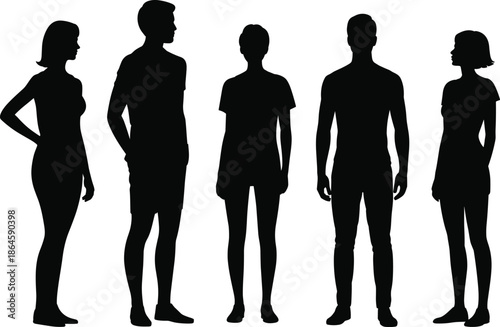 Collection of diverse male and female silhouettes standing in various professional poses wearing casual business attire isolated on white background
